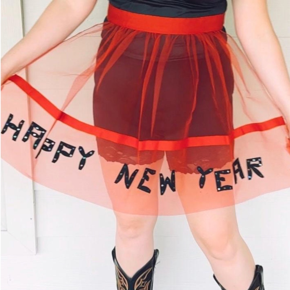 Vintage 1960’s Red Mesh & Black Sequin Apron • Ribbon • New Years Eve - Holiday